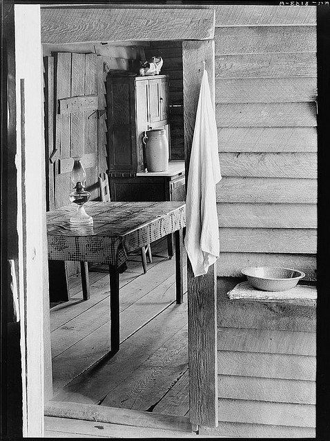 Washstand in the dog run and kitchen of Floyd Burroughs' cabin. Hale County, Alabama (LOC)
