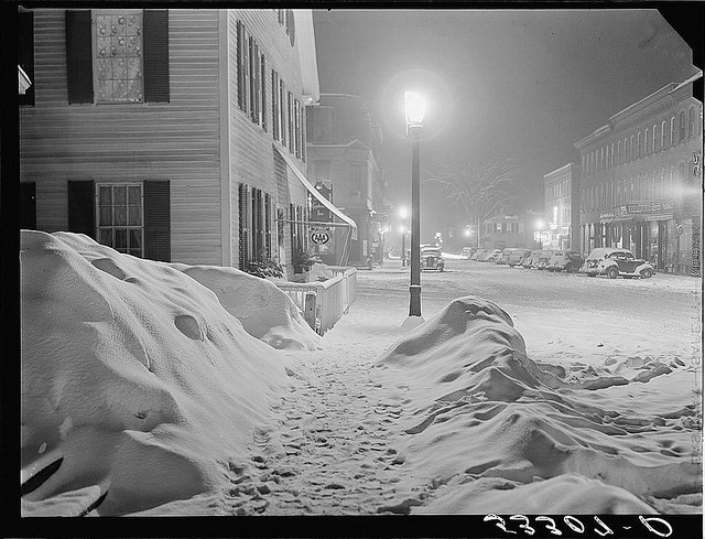 Center of town. Woodstock, Vermont. "Snowy night" (LOC)