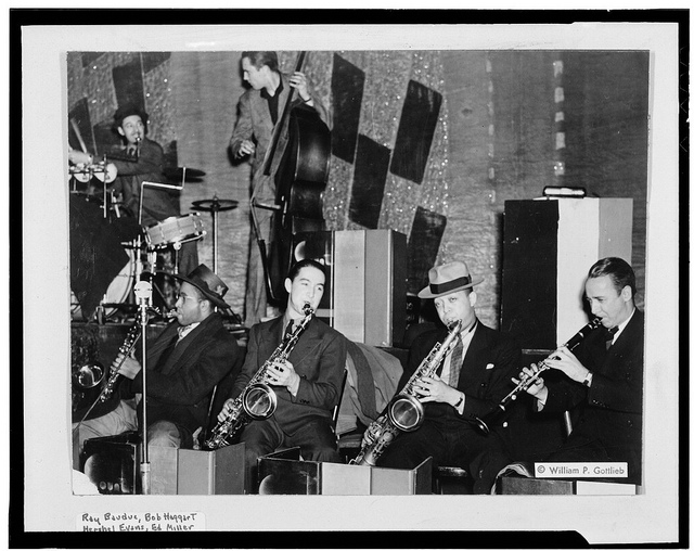 [Portrait of Ray Bauduc, Herschel Evans, Bob Haggart, Eddie Miller, Lester Young, and Matty Matlock, Howard Theater, Washington, D.C., ca. 1941] (LOC)
