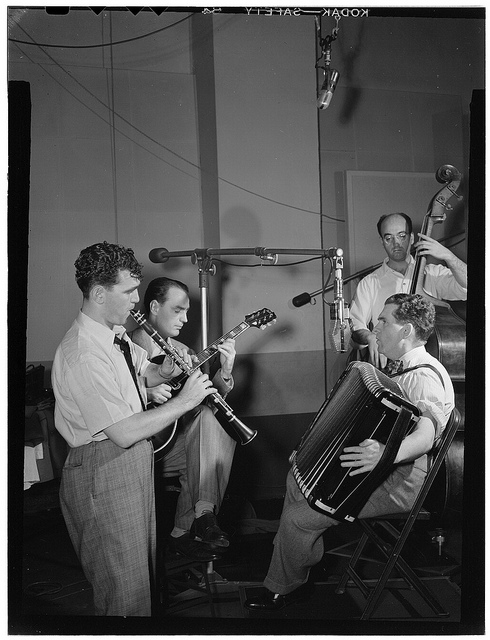 [Portrait of Joe Mooney, Andy Fitzgerald, Gaeton (Gate) Frega, and Jack Hotop, Decca studio, New York, N.Y., ca. Dec. 1946] (LOC)