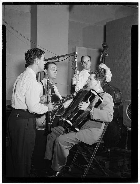 [Portrait of Joe Mooney, Andy Fitzgerald, Gaeton (Gate) Frega, and Jack Hotop, Decca studio, New York, N.Y., ca. Dec. 1946] (LOC)