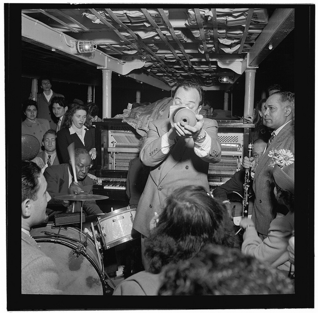 [Portrait of Baby Dodds, Marty Marsala, Bunty Pendelton, and Albert Nicholas, Riverboat on the Hudson, N.Y., ca. July 1947] (LOC)