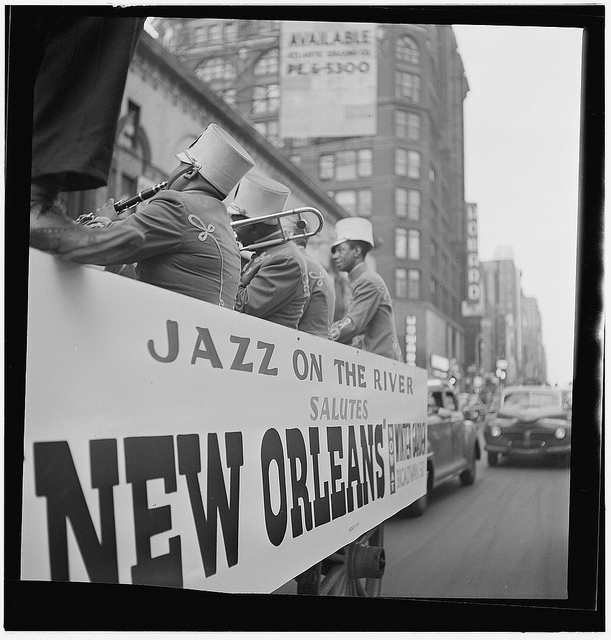 [Portrait of Cecil (Xavier) Scott, Sandy Williams, Art Hodes, and Kaiser Marshall, Times Square, New York, N.Y., ca. July 1947] (LOC)