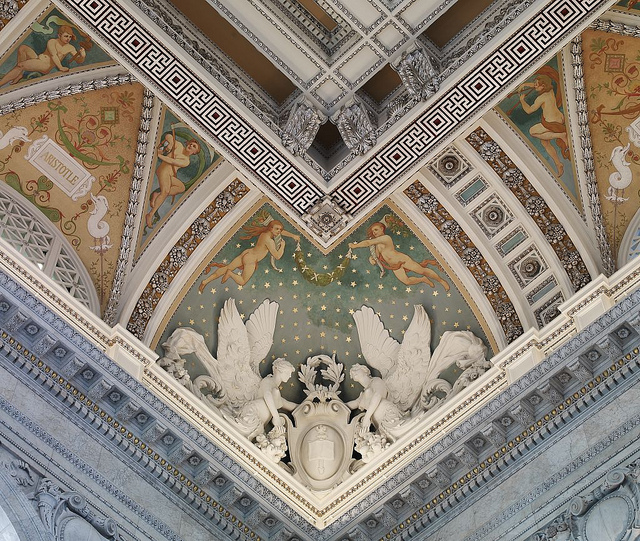 [Great Hall. Detail of ceiling and cove showing sculpture of two female half-figures. Library of Congress Thomas Jefferson Building, Washington, D.C.] (LOC)