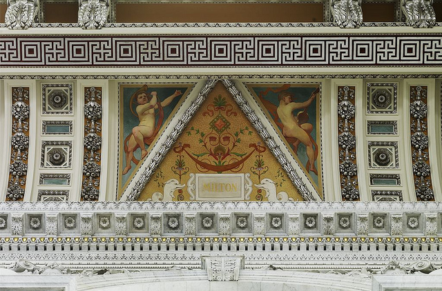 [Great Hall. Detail of ceiling and cove showing Milton plaque. Library of Congress Thomas Jefferson Building, Washington, D.C.] (LOC)