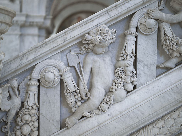 [Great Hall. Detail of putti (gardener with a spade and a rake) on the Grand staircase by Philip Martiny. Library of Congress Thomas Jefferson Building, Washington, D.C.] (LOC)