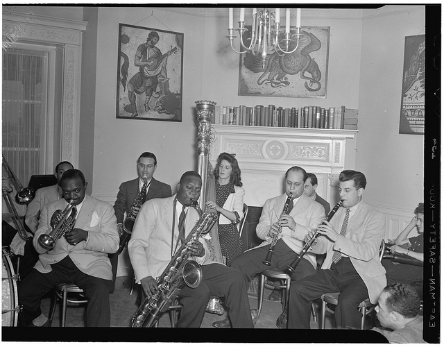 [Portrait of Johnny Hodges, Rex William Stewart, Adele Girard, Harry Carney, Barney Bigard, and Joe Marsala, Turkish Embassy, Washington, D.C., 193-] (LOC)