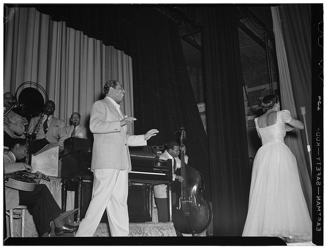 [Portrait of Duke Ellington, Barney Bigard, Ben Webster, Otto Toby Hardwick(e), Junior Raglin, and Fred Guy(?), Howard Theater(?), Washington, D.C., between 1938 and 1948] (LOC)