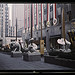 United Nations exhibit put on by OWI in Rockefeller Plaza, New York, N.Y. Central motif was this frame containing copy of Atlantic charter, with amplifiers at each end broadcasting speeches by Roosevelt, Churchill and Chiang Kai-Shek every half hour, and 