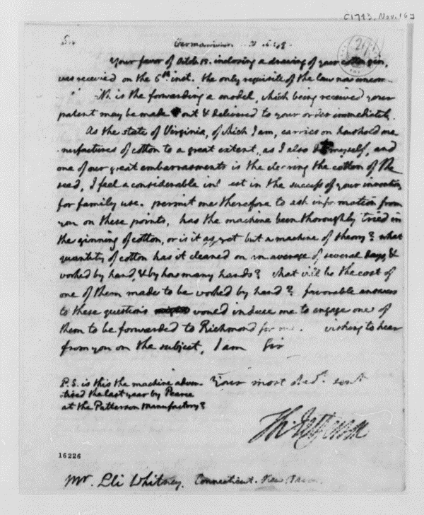 Image 956 of 1298, Thomas Jefferson to Eli Whitney, November 16, 1793