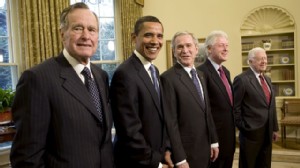 PHOTO: Former President George H.W. Bush, President-elect Barack Obama, President George W. Bush, and former presidents Bill Clinton and Jimmy Carter pose together in the Oval Office in this Jan. 7, 2009 file photo at the White House in Washington, D.C.