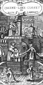 Engraving of 6 scenes of women cooking and baking.