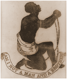 picture - The large, bold woodcut image of a supplicant male slave in chains appears on the 1837 broadside publication of John Greenleaf Whittier's antislavery poem, 'Our Countrymen in Chains.'