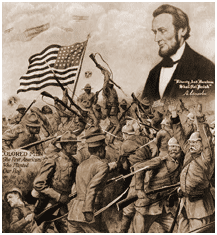 picture - African American soldiers fighting German soldiers in World War I, and head-and-shoulders portrait of Abraham Lincoln above.
