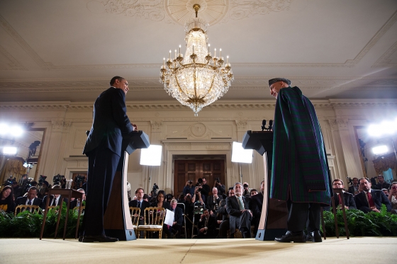 President Barack Obama and President Hamid Karzai of Afghanistan participate in a joint press conference (January 11, 2013)