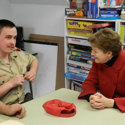Photo: Senator Shaheen visited Nute High School in Milton to meet with Boy Scout Joey Boulanger to thank him for his community service and help him obtain his "Citzenship in the Nation" badge. Joey suffers from Fragile X Syndrome, which makes writing difficult. Because Joey's award requires writing an elected official, Senator Shaheen instead met with Joey at his school to help fulfill his requirements.