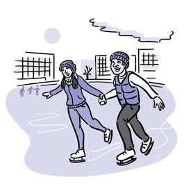 Illustration of a man and woman ice skating. 