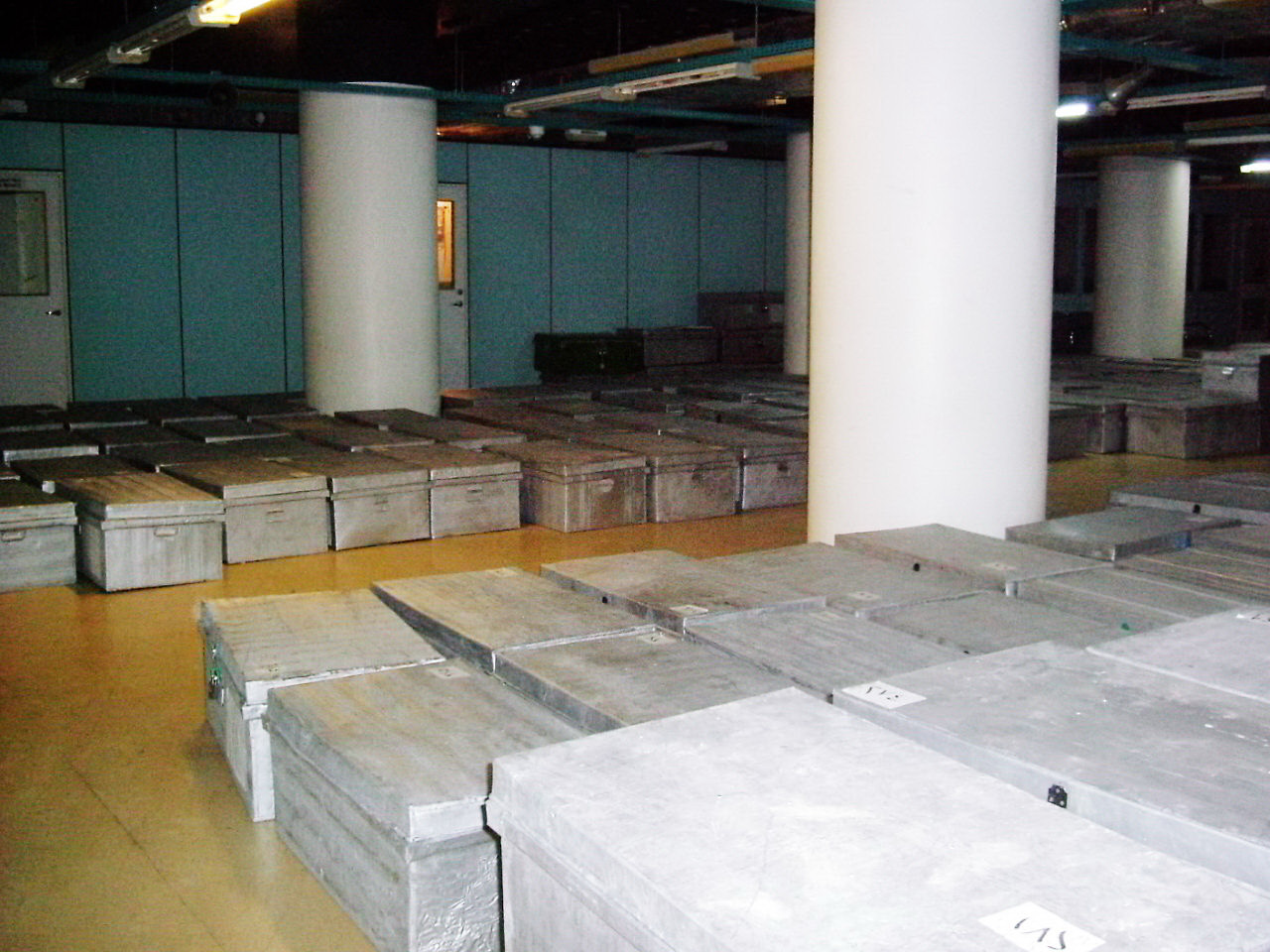 Aluminum boxes housing Islamic manuscripts in bomb-shelter
