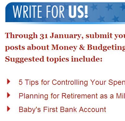 Photo: Happy January! This month, the Blog Brigade is looking for military spouse bloggers to write about Money & Budgeting!

http://blog-brigade.militaryonesource.mil/submissions/

Need suggestions? We'd love your thoughts on: 5 Tips for Controlling Your Spending, Planning for Retirement as a Milspouse, and Baby's First Bank Account.

Deadline: 31 January 2013