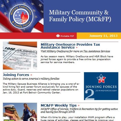 Photo: The MC&FP Weekly is Out! http://www.militaryonesource.mil/mcfp/weekly

Welcome to the Military Community and Family Policy (MC&FP) Weekly eNewsletter providing you with access to the latest Quality of Life news and information from the Department of Defense and dates for upcoming Guard and Reserve onsite sales.