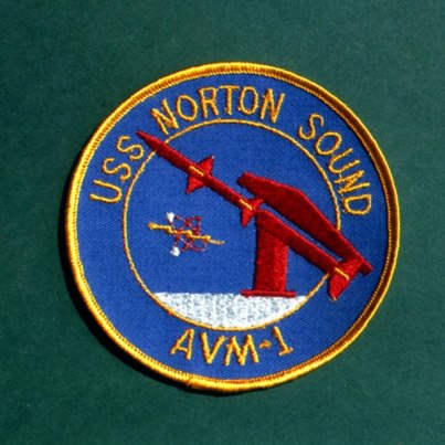 Photo: USS Norton Sound (AVM-1), emblem in use in 1968.   Courtesy of Captain G.F. Swainson, USN.   NHHC Photograph Collection, NH 68062-KN (Color).