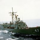 Photo: DN-SC-86-04640

A starboard bow view of the guided missile frigate USS NICHOLAS (FFG-47) underway during MIDRON cruise.   Film