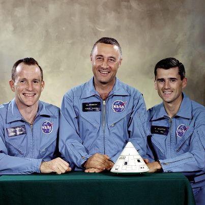 Photo: The Crew of Apollo 1,
From left to right, Edward H. White, (USAF) Virgil I. Grissom (USAF) and
LCDR Roger B. Chaffee, USN