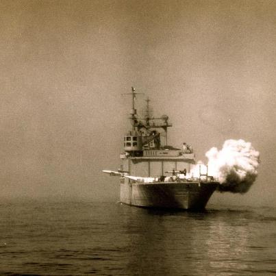 Photo: USS Norton Sound (AV-11) launches a V-1 “Loon” missile.  A “Lark” missile is in the background, 12 October 1949.   National Archives photograph, 80-G-438269.