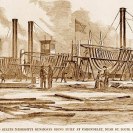 Photo: "United States Mississippi Gun-boats being built at Carondelet, near St. Louis, Missouri".  Line engraving published in "Harper's Weekly", 5 October 1861.  It depicts, rather inaccurately, the construction of four of the "City" class ironclads by James Eads, including Carondelet, Louisville, Pittsburg and Saint Louis.  NHHC Photograph Collection, NH 59001.