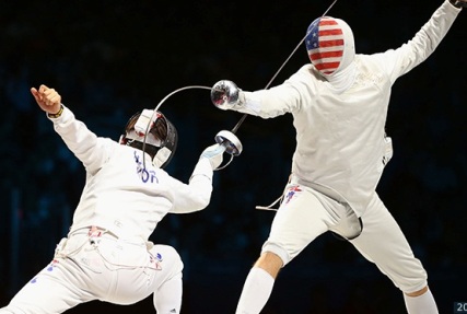 Seth Kelsey competes against Ruben Limardo Gascon of Venezuela in the men's epee individual fencing semifinal at the London 2012 Olympic Games at ExCeL on August 1, 2012 in London, England.  Photo by Getty Images