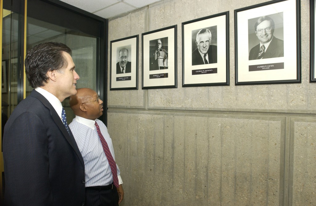 “Mitt Romney viewing a portrait of his father, George Romney, with HUD Secretary Alphonso Jackson,” May 3, 2004