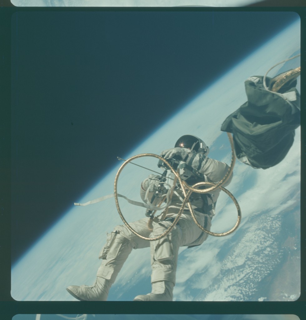 “Astronaut Edward H. White II, pilot for the Gemini-Titan 4 space flight, floats in zero gravity of space over southern California,” June 3, 1965