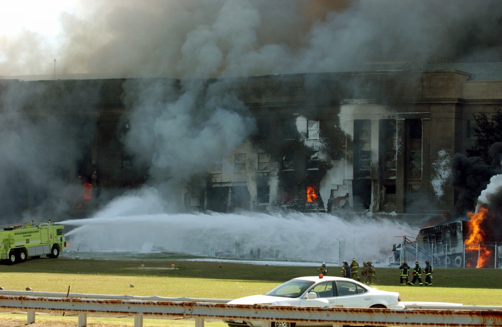 The Pentagon in flames moments after a hijacked jetliner crashed into building at approximately 0930 on September 11, 2001