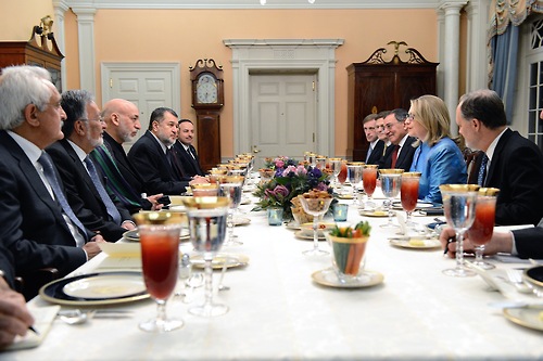 U.S. Secretary of State Hillary Rodham Clinton hosts a working dinner for Afghan President Hamid Karzai at the U.S. Department of State in Washington, D.C., January 10, 2013. [State Department photo/ Public Domain]