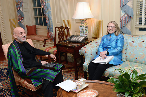 U.S. Secretary of State Hillary Rodham Clinton meets with Afghan President Hamid Karzai at the U.S. Department of State in Washington, D.C., January 10, 2013. [State Department photo/ Public Domain]