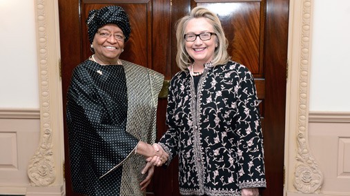 U.S. Secretary of State Hillary Rodham Clinton shakes hands with Her Excellency Ellen Johnson Sirleaf, President of the Republic of Liberia, at the U.S. Department of State in Washington, D.C., January 15, 2013. [State Department photo/ Public Domain]