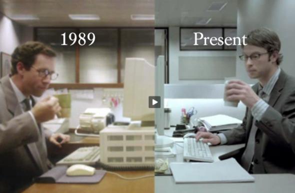 Office workers sipping coffee at their desks  in the years 1989 and Present day.