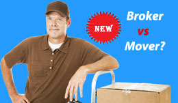 Broker vs. Mover, image of a man with a hand truck that is stacked with boxes