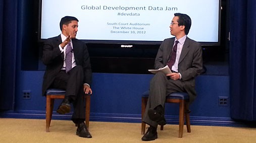 USAID Administrator Rajiv Shah and U.S. Chief Technology Officer Todd Park discuss the impact of open data in the field of global development during DataJam at the White House in Washington, D.C. on December 10, 2012. [USAID Photo/ Used by Permission]