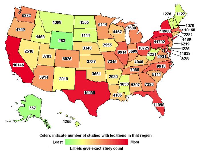 Map of the U.S. indicating number of active clinical trials by state