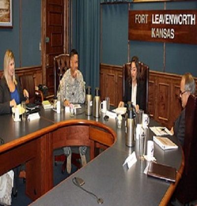 Two staff members of SEN Jerry Moran, R-KS, recently visited Fort Leavenworth. The senator’s District Representative Elizabeth Patton (left) and his Military Legislative Assistant Caroline Prosch (center) receive a briefing from CAC Chief of Staff COL Antonio Aguto Jr. and Deputy to the CAC Commanding General Kirby Brown. The senator’s staff members also received briefings at Garrison, the Combined Arms Center – Training, Command and General Staff College and Mission Command Center of Excellence. 