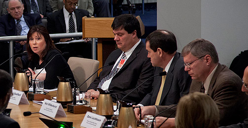 External experts brief the Commissioners on the issue of containment venting systems for boiling-water reactors with Mark I and Mark II containment designs. (Left to right) Maria Korsnick, chief nuclear officer and chief operating officer for Constellation Energy Nuclear Group;  Preston Swafford, chief nuclear officer for Tennessee Valley Authority; Neil Wilmshurst, nuclear vice-president for Electric Power Research Institute; David Lochbaum, director of nuclear safety projects for the Union of Concerned Scientists.