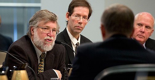 Natural Resources Defense Council’s Christopher Paine (left) provides his viewpoint during a Commission meeting on public participation and agency requirements in the NRC’s regulatory process. Looking on is Mark Edward Leyse, (left to right) New England Coalition, and Joseph Klinger, Illinois Emergency Management Agency. View entire meeting at NRC Webcast Portal under archived videos.