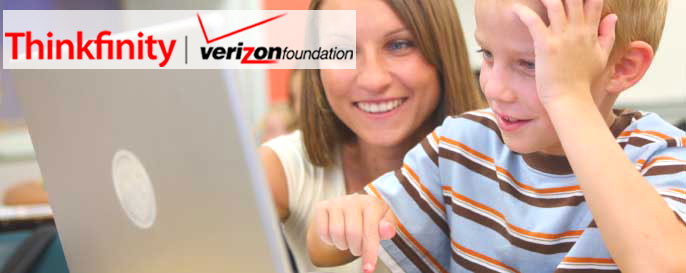 Teacher and student sharing a laptop computer, Verizon Thinkfinity logo