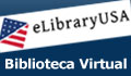 Logo de la E Library USA sobre fondo azul y texto que dice Biblioteca Virtual