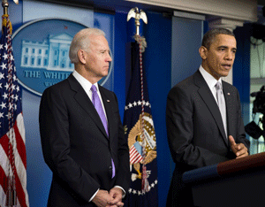 President Barack Obama, with Vice President Joe Biden, delivers a statement and takes questions about the Administration’s gun policy process in the wake of the shootings in Newtown, Connecticut, in the James S. Brady Press Briefing Room of the White House, Dec. 19, 2012. (Official White House Photo by Pete Souza) 
