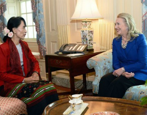 Aung San Suu Kyi meets with Hillary Clinton at the State Department in Washington, D.C.