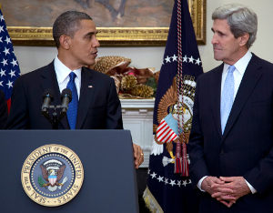 Obama says Kerry (right) has played a central role in every major U.S. foreign policy debate for nearly 30 years.
