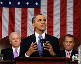 President Obama addresses a joint session of Congress. Behind him are Vice President Biden and Speaker of the House John Boehner.
(AP images)