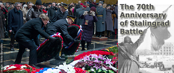 On the left: U.S. Ambassador Michael McFaul and U.S. Defense Аttaché, Brig. Gen. Peter Zwack laying a wreath. Photo: Nikita Baryshev. On the right: Soviet soldier waving the Red Banner over the central plaza of Stalingrad in 1943. Source: Wikipedia